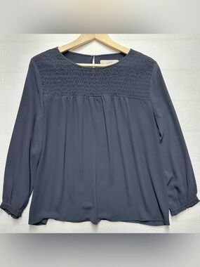 LOFT Women’s M Dark Gray Smocked‑Yoke Blouse – Long Sleeve Lightweight • P2P 23”